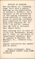 Planning Commission Notice of Hearing San Mateo Co. Redwood City, CA Postcard Postcard Postcard