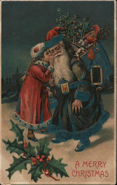 A Merry Christmas: Santa in Blue Suit Santa Claus Postcard