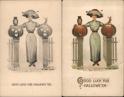 Lot of 2: Color & B&W Version "Good Luck For Halloween" Postcard Postcard Postcard