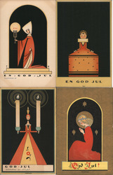 Set of 4: Swedish Art Deco "En God Jul" Christmas Postcard