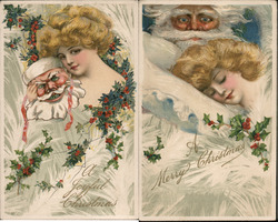 Set of 2: Woman with Santa Postcard