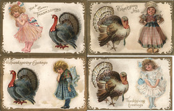 Set of 4: Girls with Turkeys Children Postcard Postcard Postcard