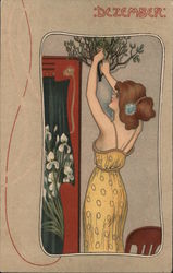 December Woman Hanging Mistletoe Near Door "Dezember" Postcard