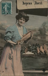 Joyeaux Avril: Woman With Fish Postcard