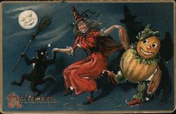 Witch, Pumpkin and Black Cat: Hallwe'en Halloween Postcard Postcard Postcard