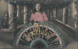 A Happy New Year: Girl Holding Fan Children Postcard Postcard Postcard