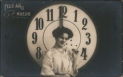 Feliz Ano Nuevo: Woman With Month Clock New Year's Postcard Postcard Postcard