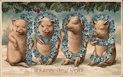 Pigs and Forget Me Nots - A Happy New Year 1909 Postcard