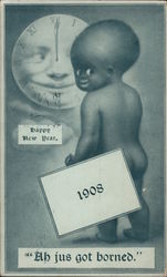 Happy New Year 1908: Black Boy and Clock in Moon Postcard