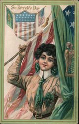 St. Patrick's Day: Woman in Green Tie with Irish & US Flags Postcard