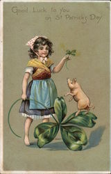 Girl With Shamrock and Pig Postcard