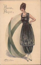 Art Deco Bonne Paque: Woman in Green With Egg Postcard