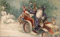 Santa In Purple, Car, Snowman Santa Claus Postcard Postcard Postcard