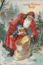 Loving Christmas Wishes - Santa Stuffing Boy into Sack Santa Claus Postcard Postcard Postcard