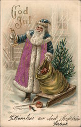 Santa in Pink & Green Holding a Bag of Toys in Front of a Tree Postcard