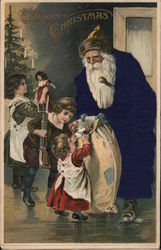 Silk Santa Claus in Blue Hands out Gifts to Three Children in their Home Postcard Postcard Postcard