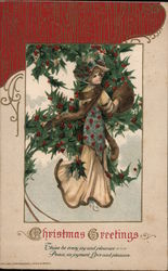 Christmas Greetings - A Woman Wears Furs and Festive Holly Postcard Postcard Postcard