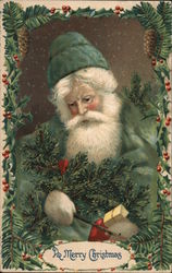 A Merry Christmas - Santa Hold Holly Branches and Toys as Snow Falls Postcard