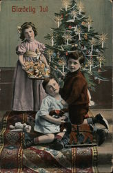 Glædelig Jul Children in Front of Christmas Tree Postcard