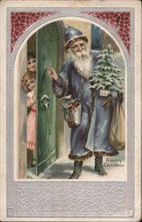 Children Answering a Knock on the Door From Santa in Blue Postcard Postcard Postcard