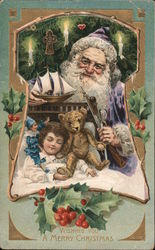 Santa in Purple Looking Over a bed with a Little Girl Sleeping Santa Claus Postcard Postcard Postcard