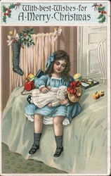 With Best Wishes for a Merry Christmas - Girl Sitting on Her Bed Holding a Doll Children Postcard Postcard Postcard