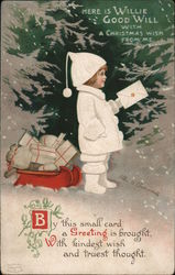 Her is Willie. Good Will with a Christmas wish from me - Child Delivering Gifts in Snow Children Ellen Clapsaddle Postcard Postc Postcard