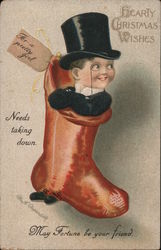 Hearty Christmas Wishes - Boy in Red Stocking Children Ellen Clapsaddle Postcard Postcard Postcard