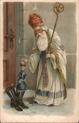 St. Nicholas Delivering Doll at Door Santa Claus Postcard Postcard Postcard