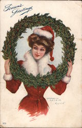 Seasons Greetings - Woman with Wreath Postcard