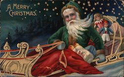 A Merry Christmas - Green Santa in a Sleight with Toys Santa Claus Postcard Postcard Postcard