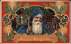 A Happy Christmas - Santa in Blue with Toys Santa Claus Postcard Postcard Postcard