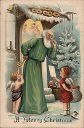 A Merry Christmas - Angels Bringing Letters to Santa in Green Postcard Postcard Postcard