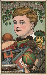 A Pile of Toys in front of a Young Boy and Holly Above Children Postcard Postcard Postcard