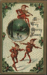 A Very Merry Xmas - Two Elves Playing the Violin Christmas Postcard Postcard Postcard