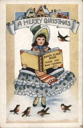 A Merry Christmas Girl Reading Santa Claus Book Good and Bad Children Postcard Postcard Postcard