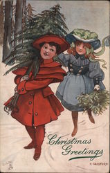 Christmas Greetings - Two Children Collecting Tree Postcard Postcard Postcard