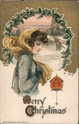 Merry Christmas - A Woman Walking Through Snow Postcard Postcard Postcard