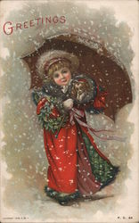 Greetings: Girl In Snow With Umbrella Children Postcard Postcard Postcard