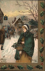 A Merry Xmas - Woman Shopping in Town Christmas Postcard Postcard Postcard