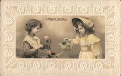 A Merry Christmas - Girls Watering and Pruning Flowers Postcard