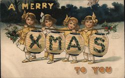 A Merry Xmas To You - Four Children Carrying Lights Postcard