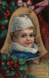 Loving Christmas Wishes - A Girl in Front of a Bell Children Postcard Postcard Postcard