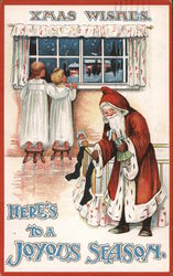 Xmas Wishes -Two Kids Looking out a Window While Santa is Behind them Postcard