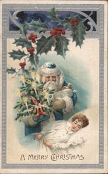 Santa Delivering Presents to Sleeping Child: Santa in Blue Suit Santa Claus Postcard Postcard Postcard