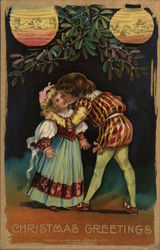 Christmas Greetings - Two Kids Giving Each Other a Kiss Postcard