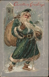 Christmas Greetings - Santa Claus in Green Postcard Postcard Postcard