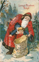 Loving Christmas Wishes: Santa Putting Boy in Toy Bag Santa Claus Postcard Postcard Postcard