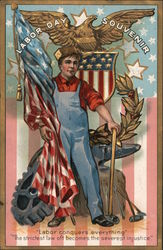 Labor Day Souvenir: Man With Anvil and Axe and Flag Postcard