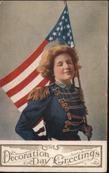 Woman Holding Flag: Decoration Day Greetings Postcard